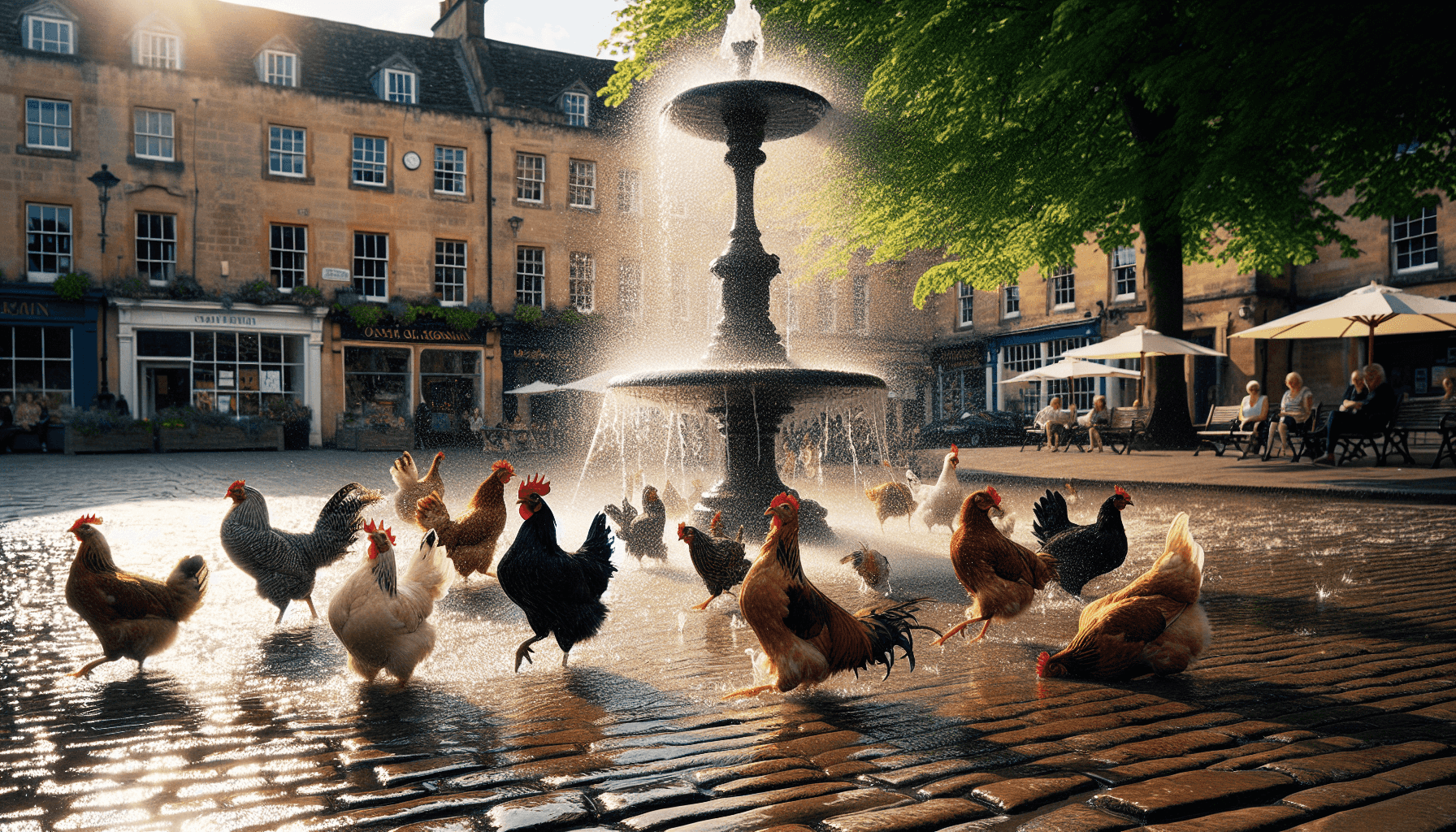 Fountain play with chickens